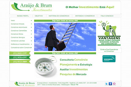 Criação de logotipo e site para a empresa de consultoria Araújo e Brum Investimentos, situada em Porto Alegre.